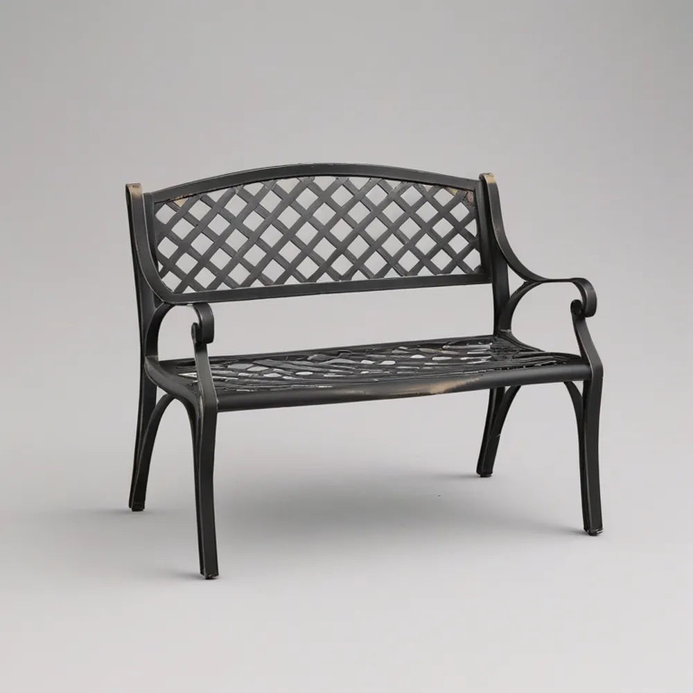 2-personers havebænk med buet ryglæn i sort pulverlakeret støbt aluminium, 120 x 60 x 86 cm