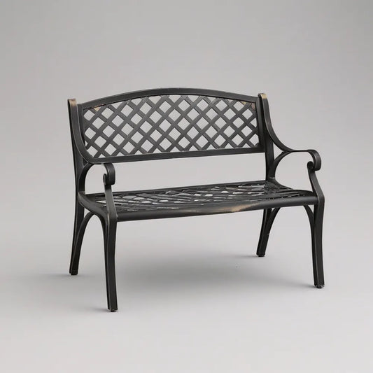 2-personers havebænk med buet ryglæn i sort pulverlakeret støbt aluminium, 120 x 60 x 86 cm