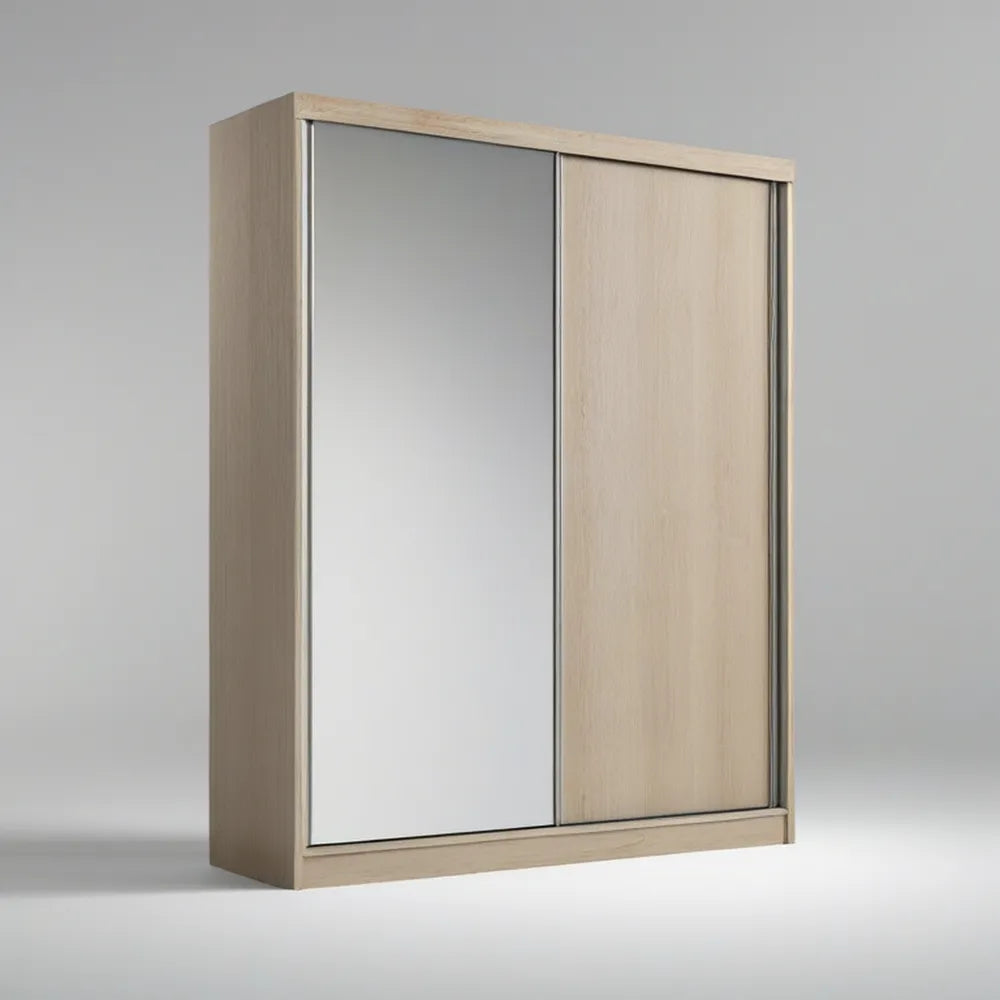 Skydedørsgarderobe med spejl, natur eg og sølv, 120 x 60 x 200 cm