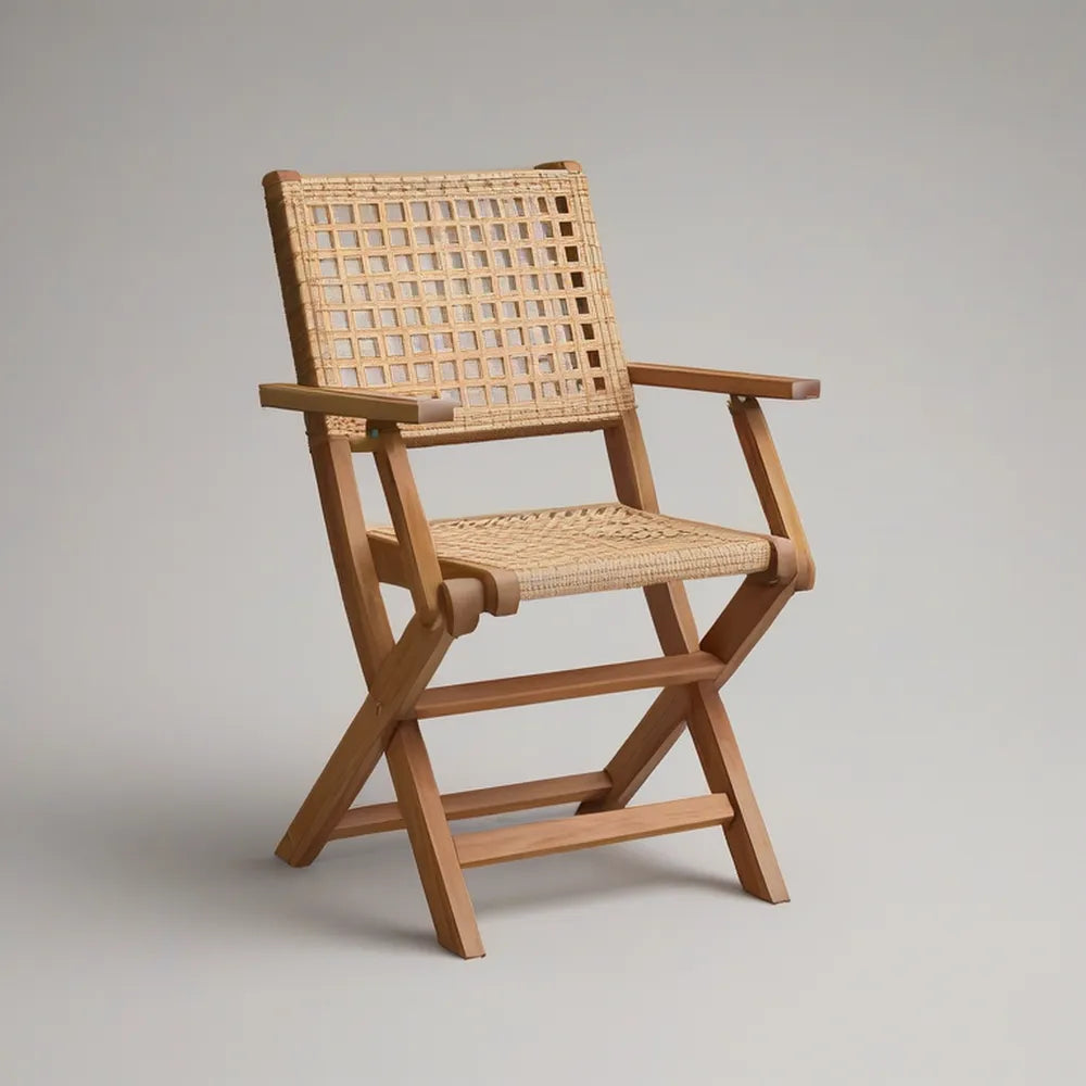 Foldestol med armlæn af massiv akacie og flettet rattan, natur, 55 x 60 x 88 cm
